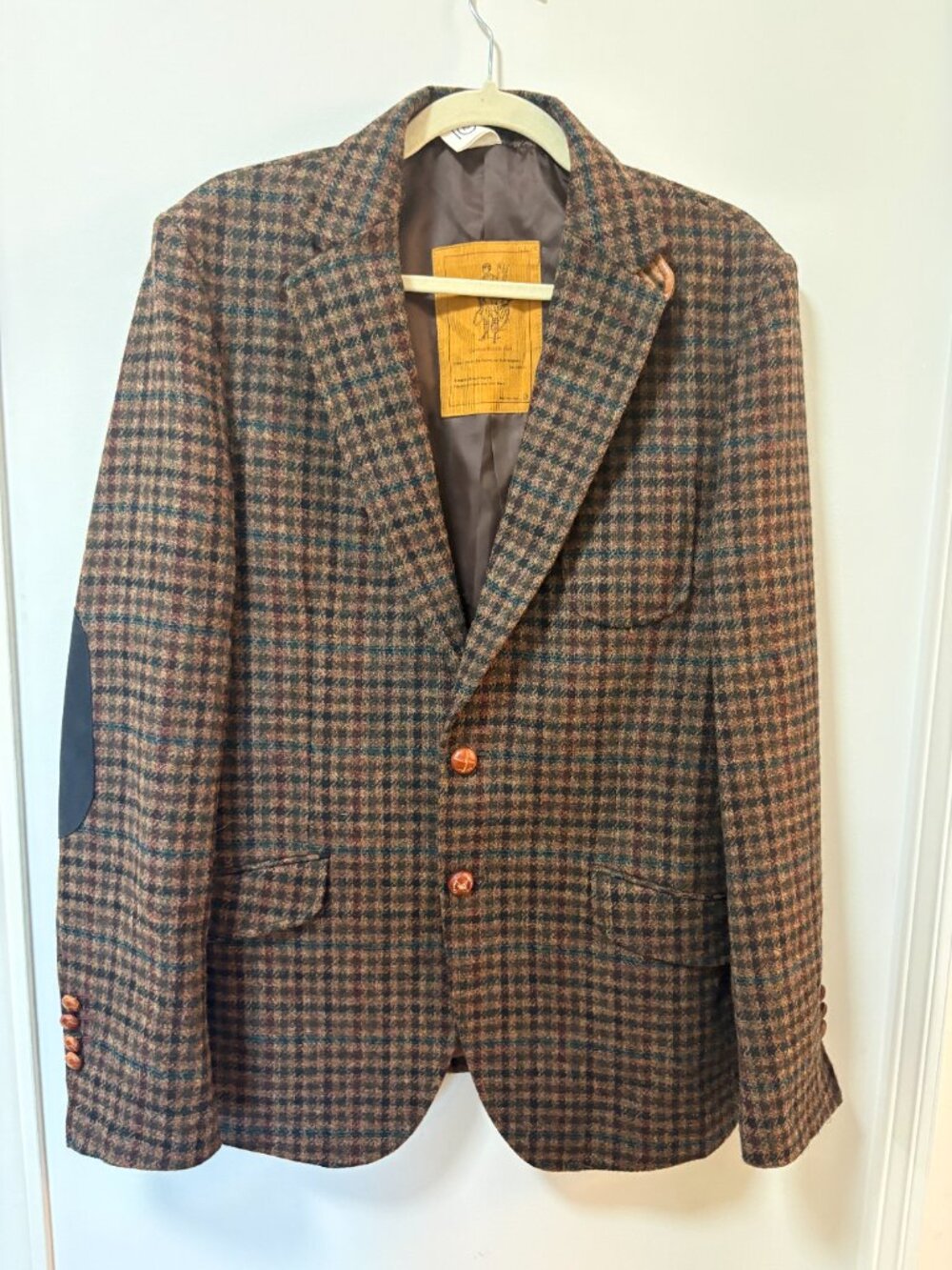 SIEG Pure New Wool Tweed Blazer Plaid Elbow Patch Equestrian Made in Korea Sz 2